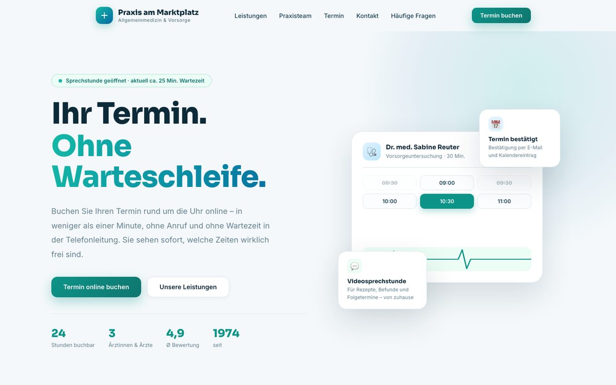 Startseite der Demo-Website einer Arztpraxis mit Online-Terminbuchung